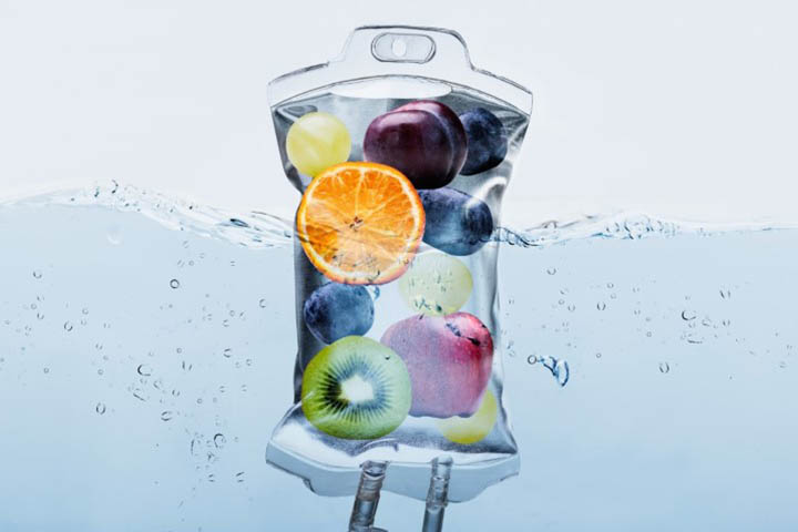 IV Bag floating in water filled with various fruits